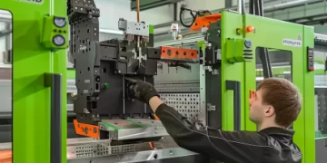 troca de moldes em uma injetora de plástico